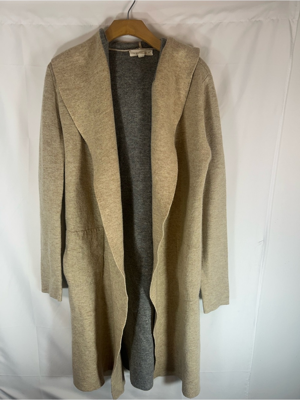 lovestitch Hooded Open-Front Long Cardigan in Beige with Gray Lining